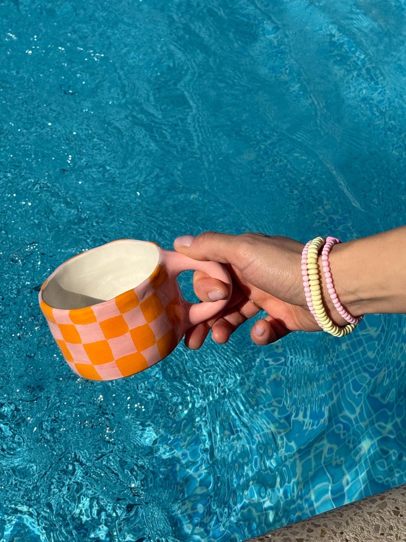 Handmade Chequered Ceramic Mug: Pink & Orange Pottery Cup