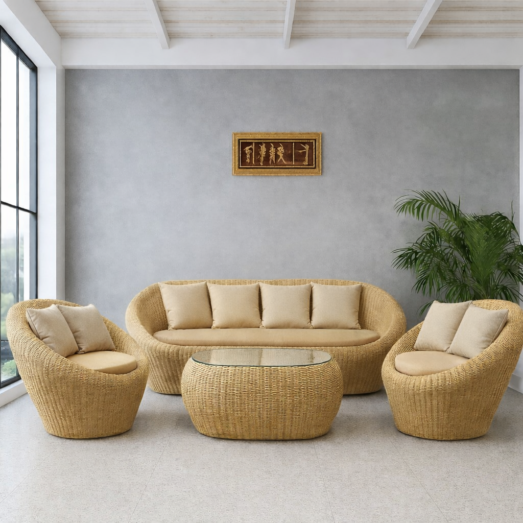 5 Seater Sofa Set | Natural Cane & Handwoven Rattan Wooden Furniture with Cushions