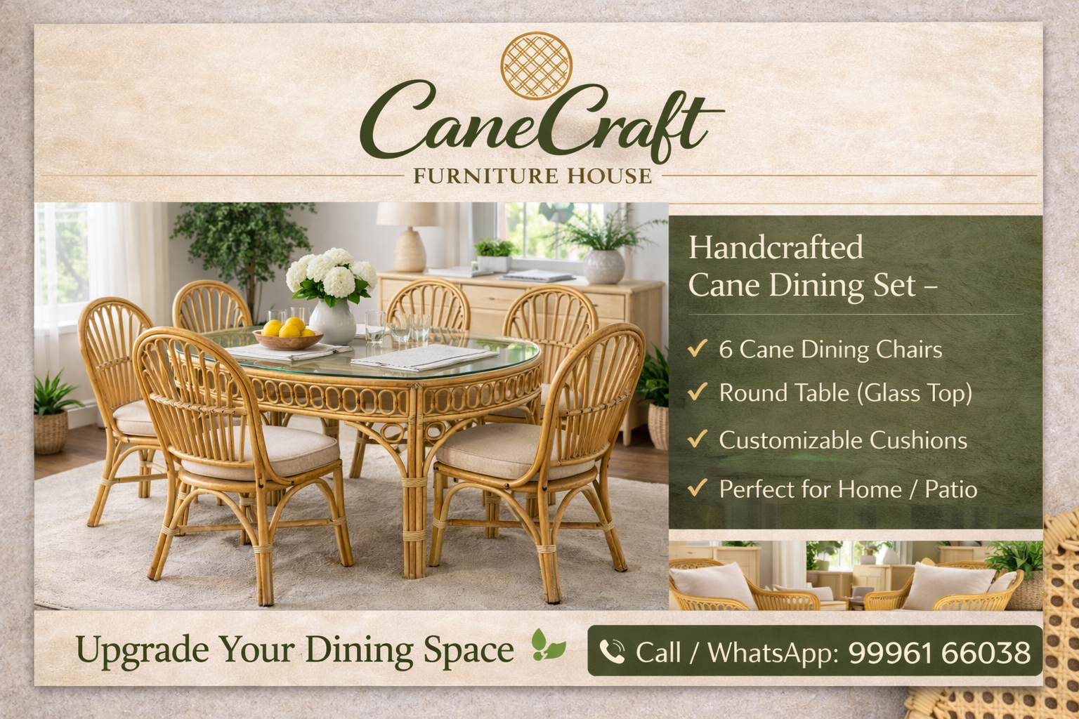 Handcrafted Cane Dining Table Set (6 Seater with Glass Top)