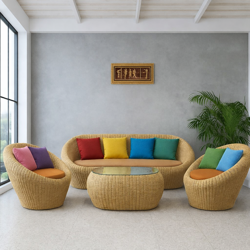 5 Seater Sofa Set | Natural Cane & Handwoven Rattan Wooden Furniture with Cushions