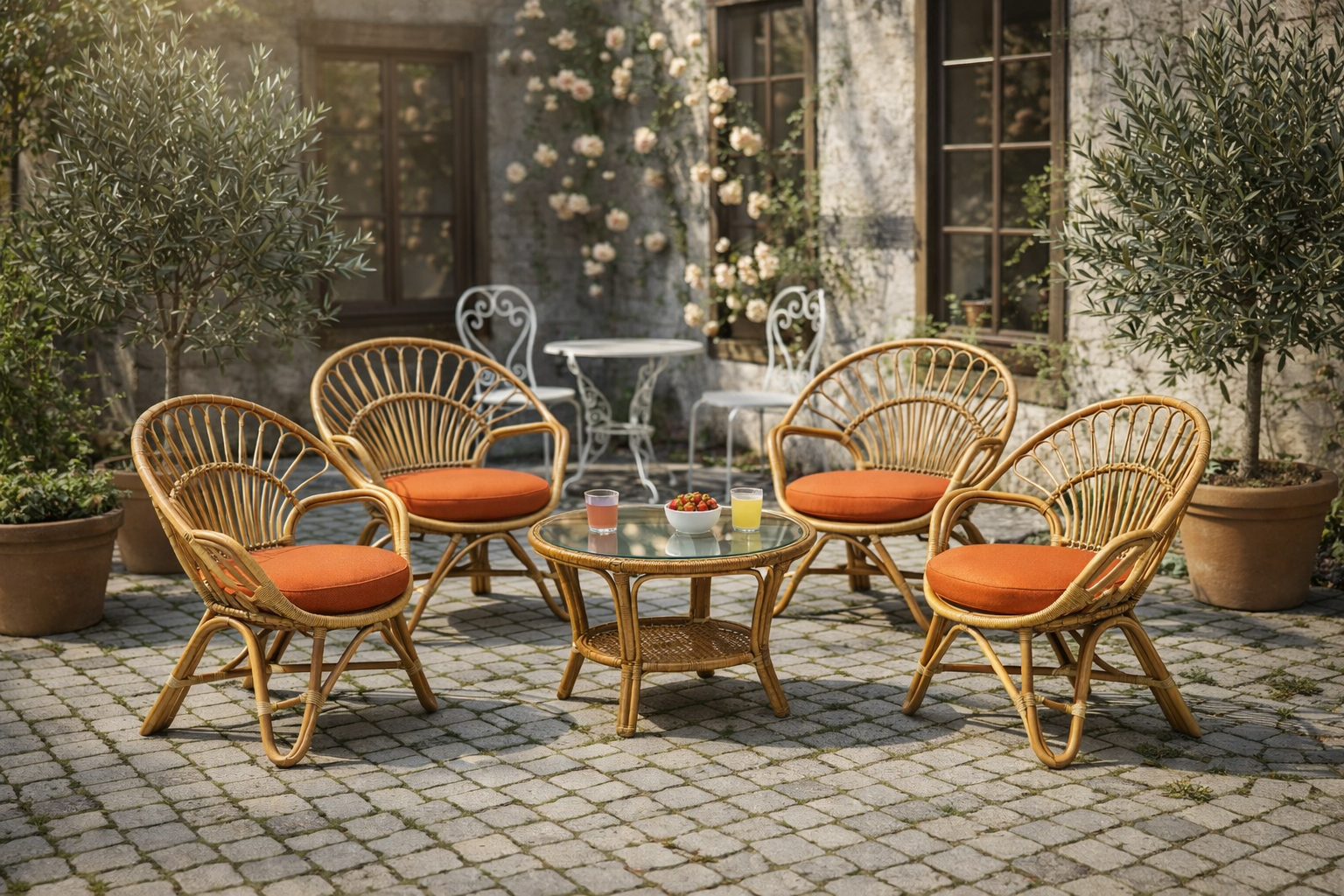 Premium Handcrafted Cane Chair Set (4 Chairs with Center Table)