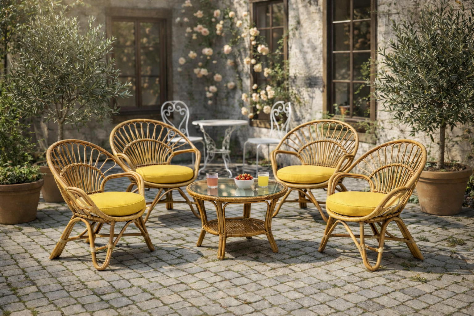 Premium Handcrafted Cane Chair Set (4 Chairs with Center Table)