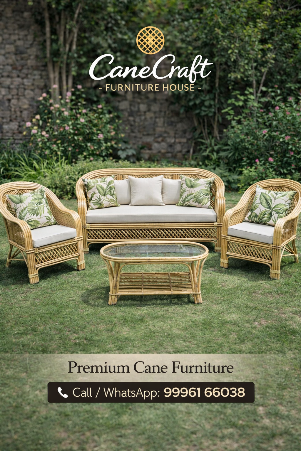 Premium Handcrafted Cane Sofa Set (3+1+1 with Center Table)