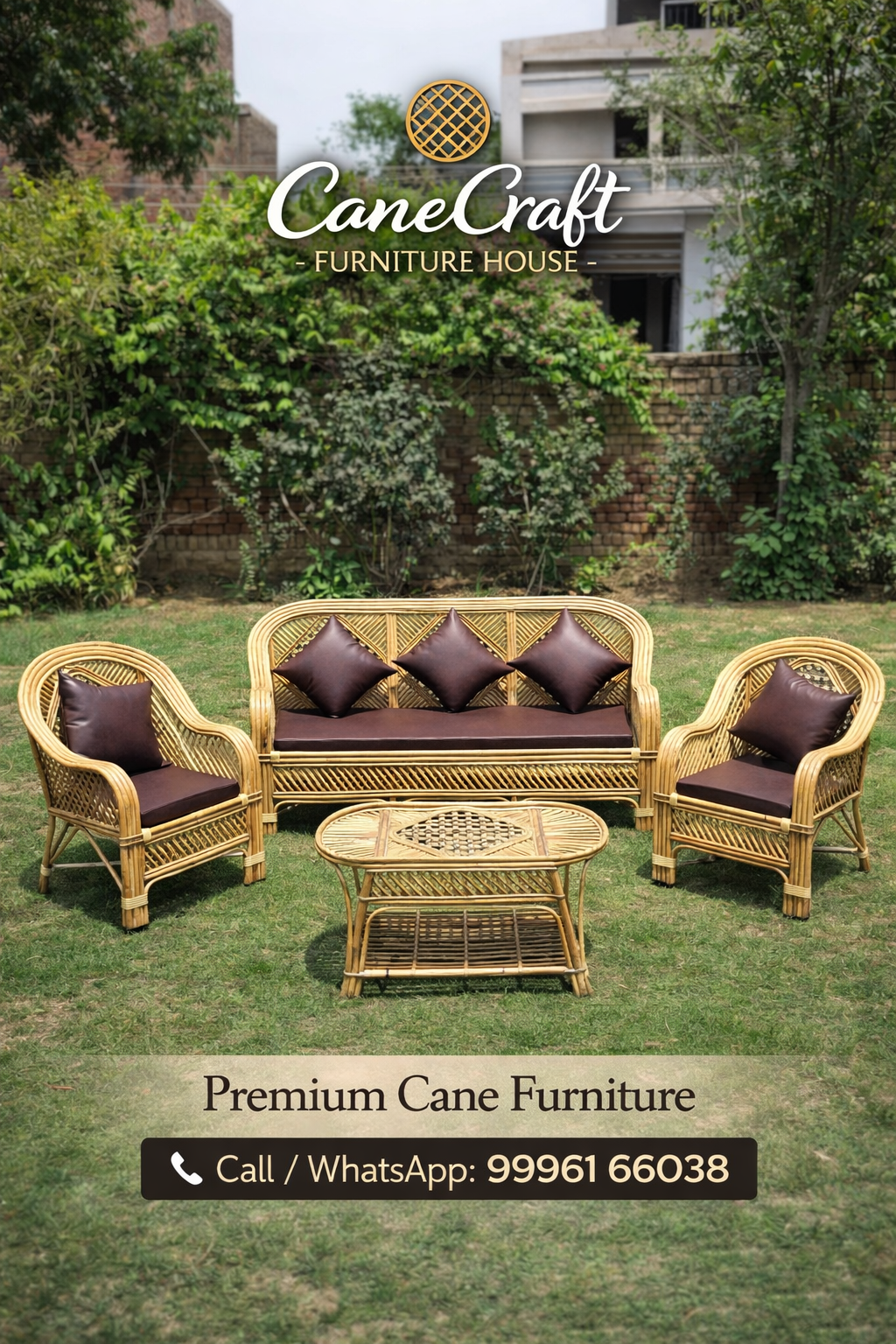 Premium Handcrafted Cane Sofa Set (3+1+1 with Center Table)