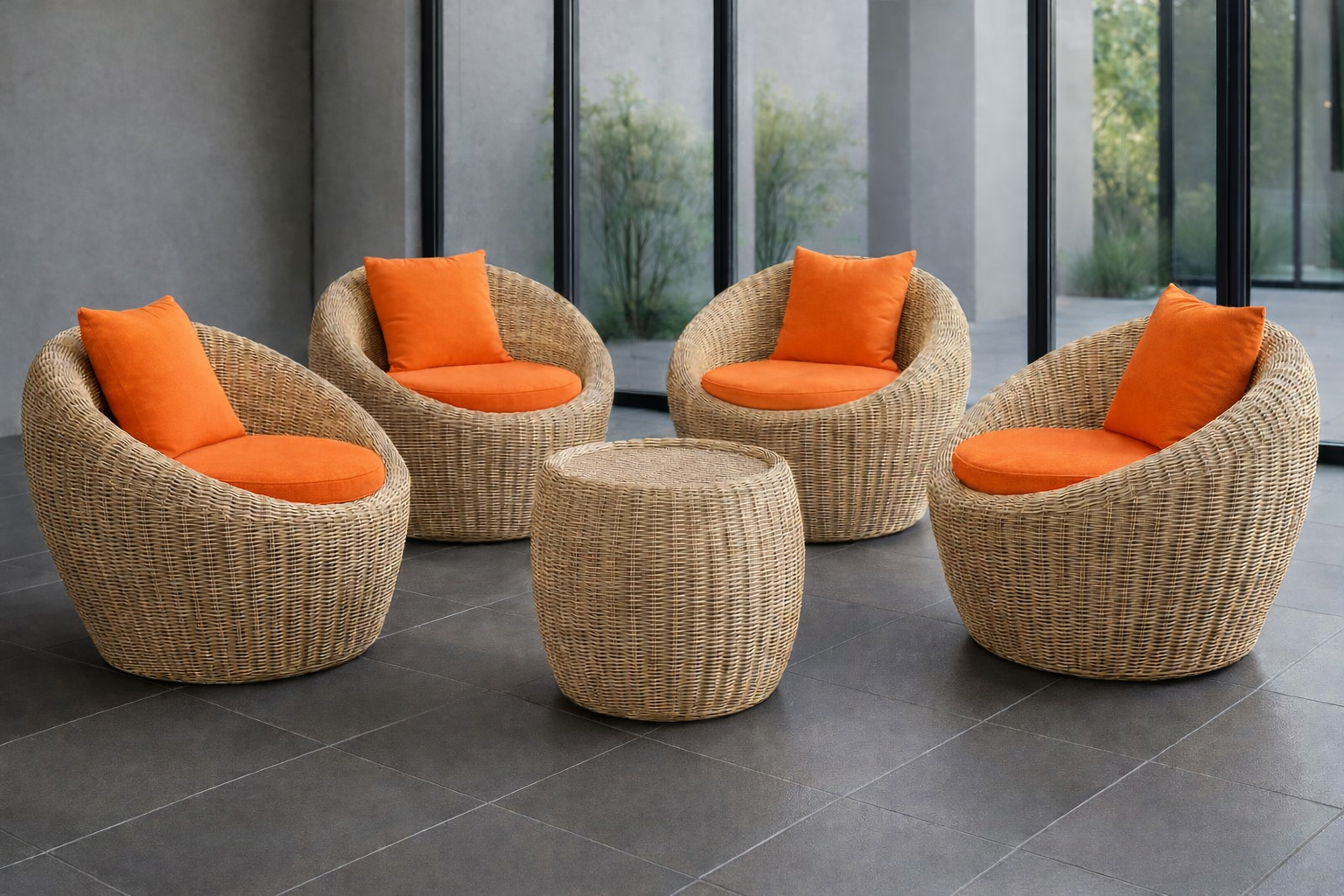 Luxury Round Cane Chair Set With Table