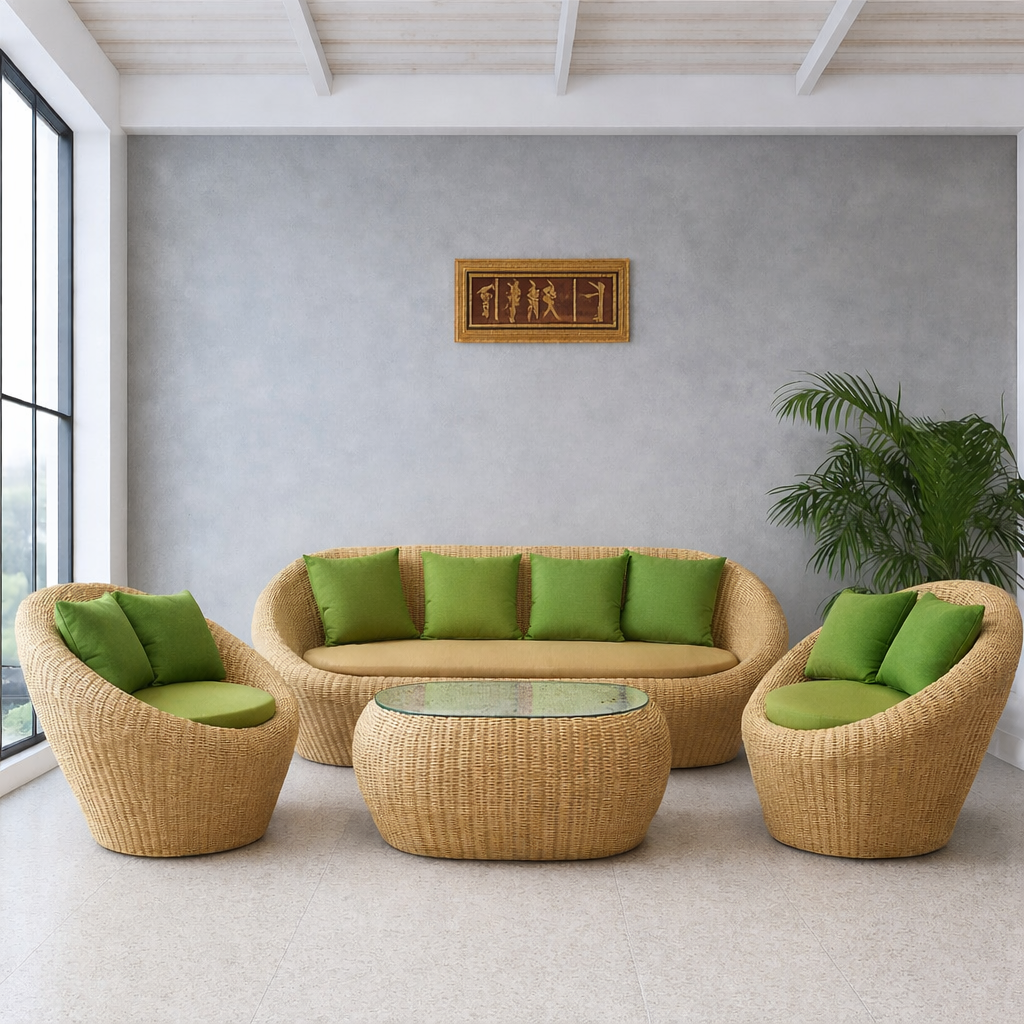 5 Seater Sofa Set | Natural Cane & Handwoven Rattan Wooden Furniture with Cushions