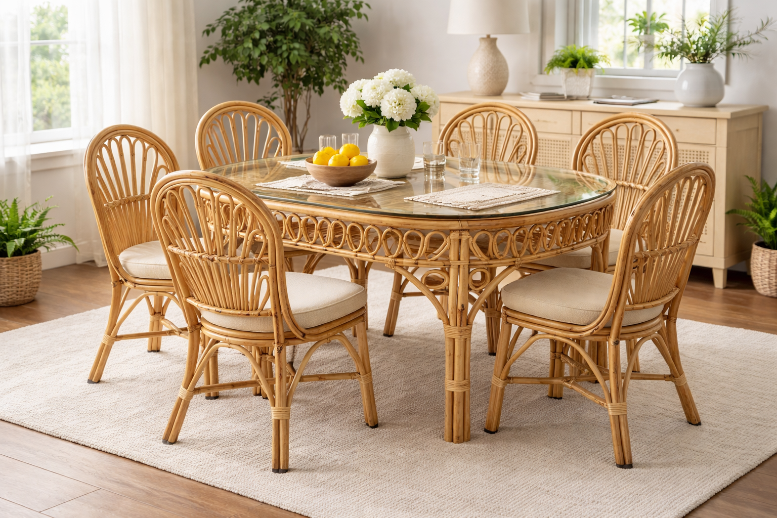 Handcrafted Cane Dining Table Set (6 Seater with Glass Top)