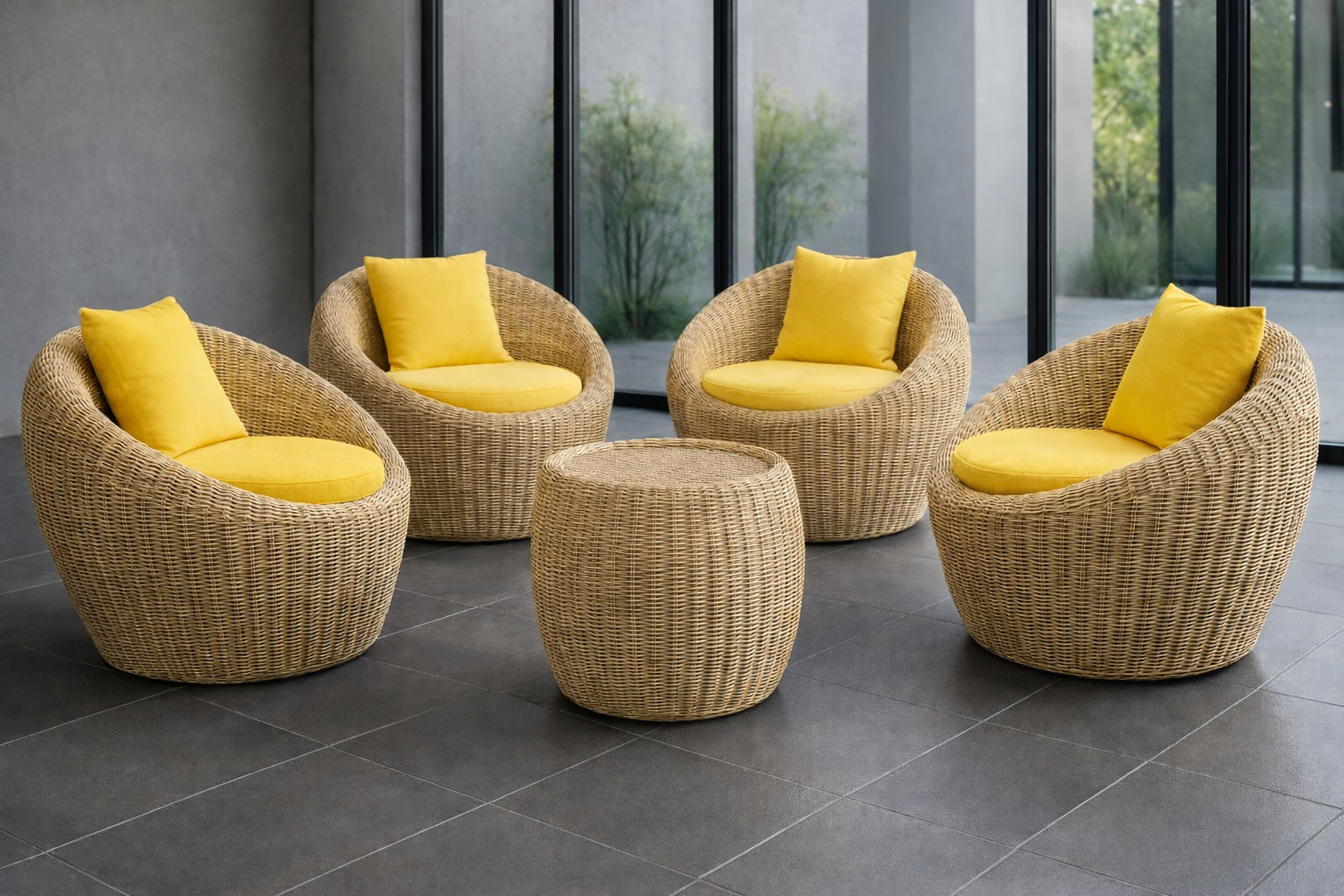 Luxury Round Cane Chair Set With Table
