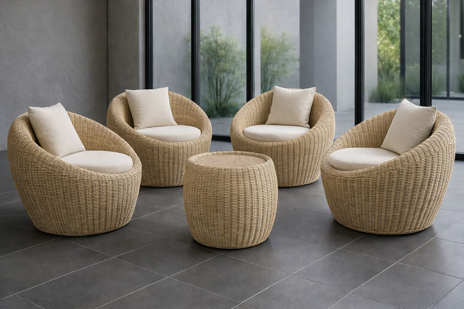 Luxury Round Cane Chair Set With Table