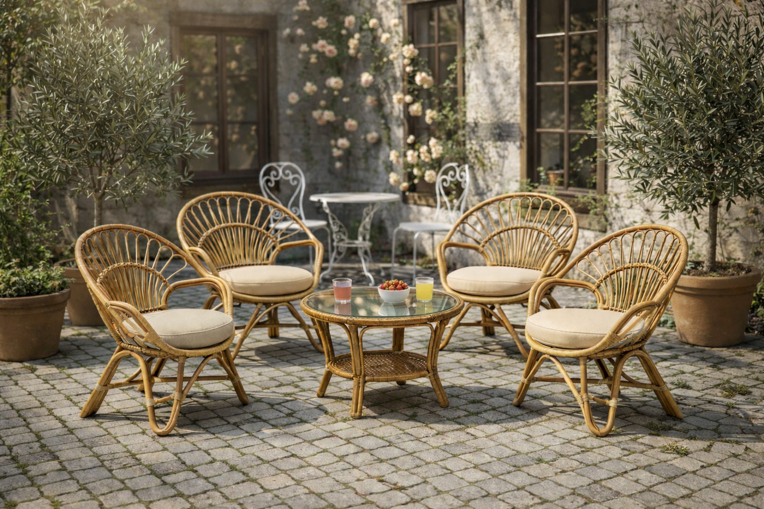 Premium Handcrafted Cane Chair Set (4 Chairs with Center Table)