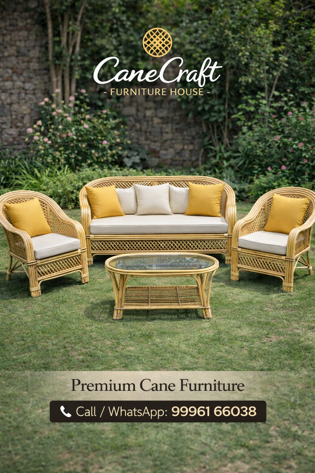 Premium Handcrafted Cane Sofa Set (3+1+1 with Center Table)