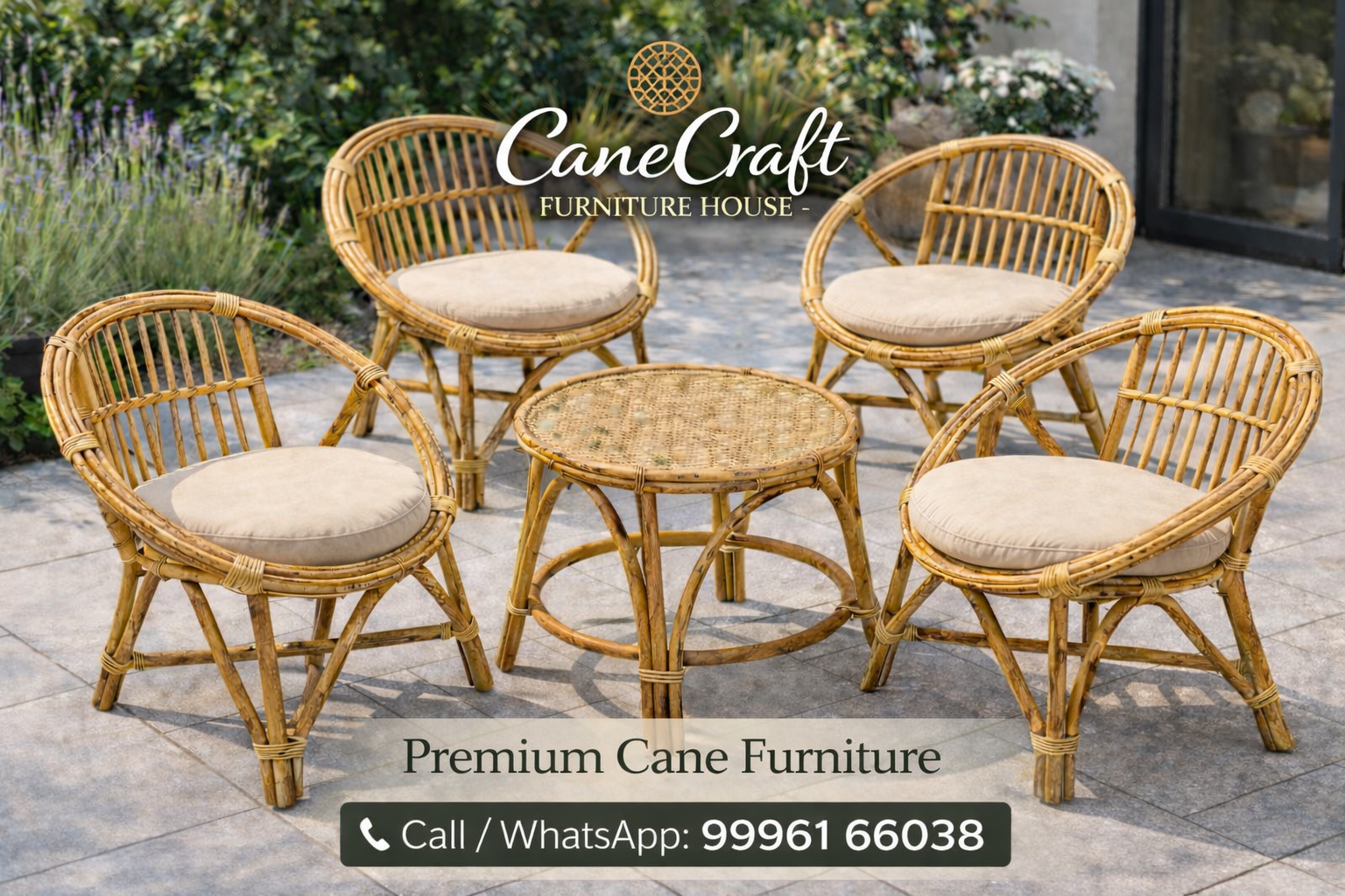 Handcrafted Cane Lounge Set (4 Chairs with Center Table)