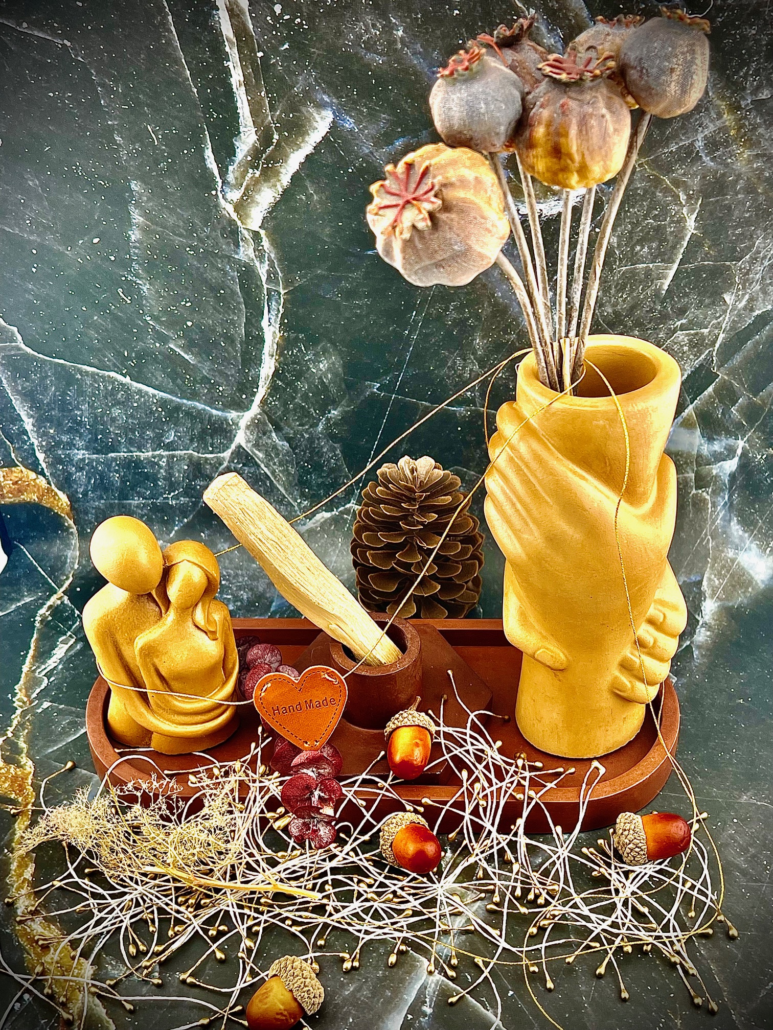 Romantic Tray Decoration With Vase, Passion Statue And Palo Santo or Pillar Candle Holder