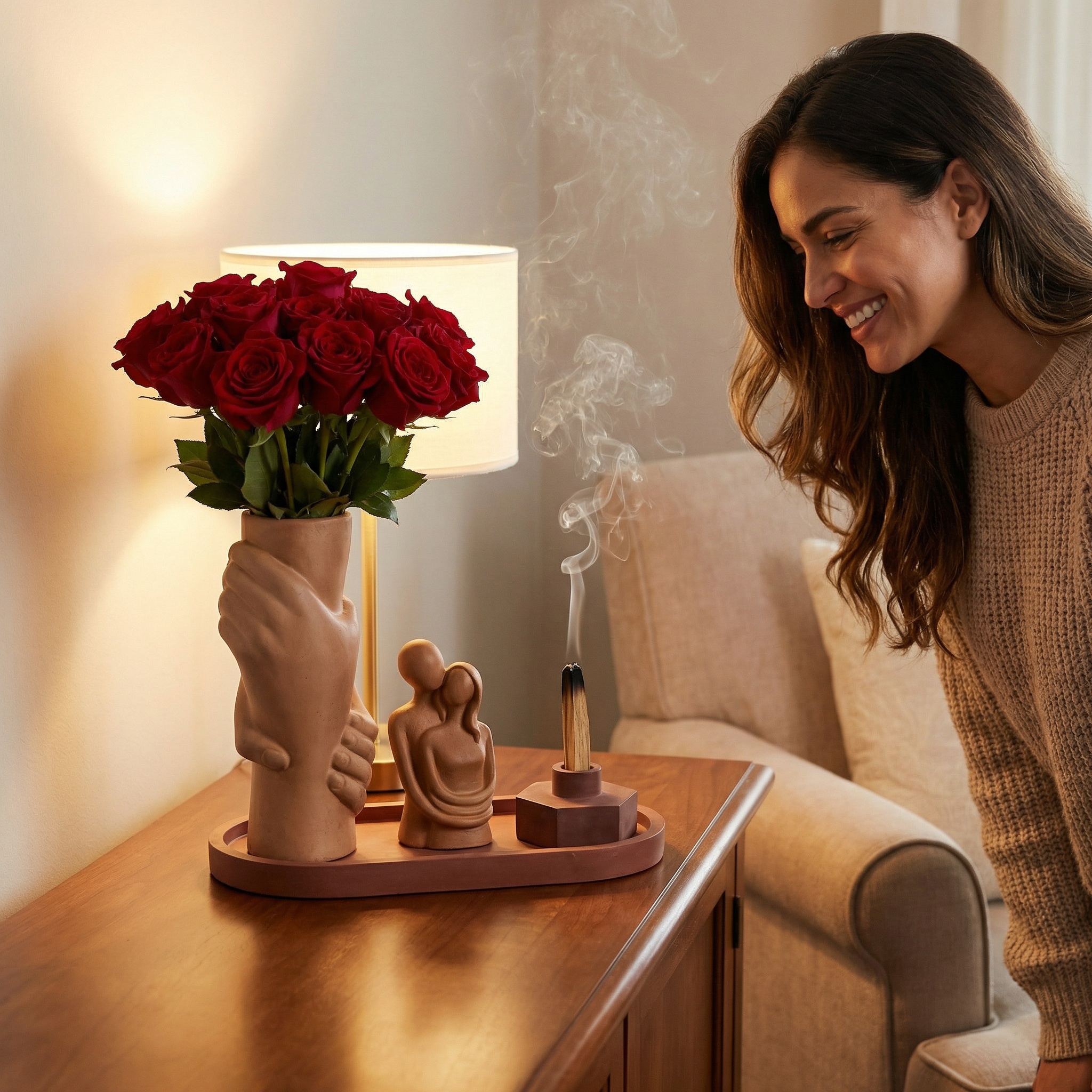 Romantic Tray Decoration With Vase, Passion Statue And Palo Santo or Pillar Candle Holder