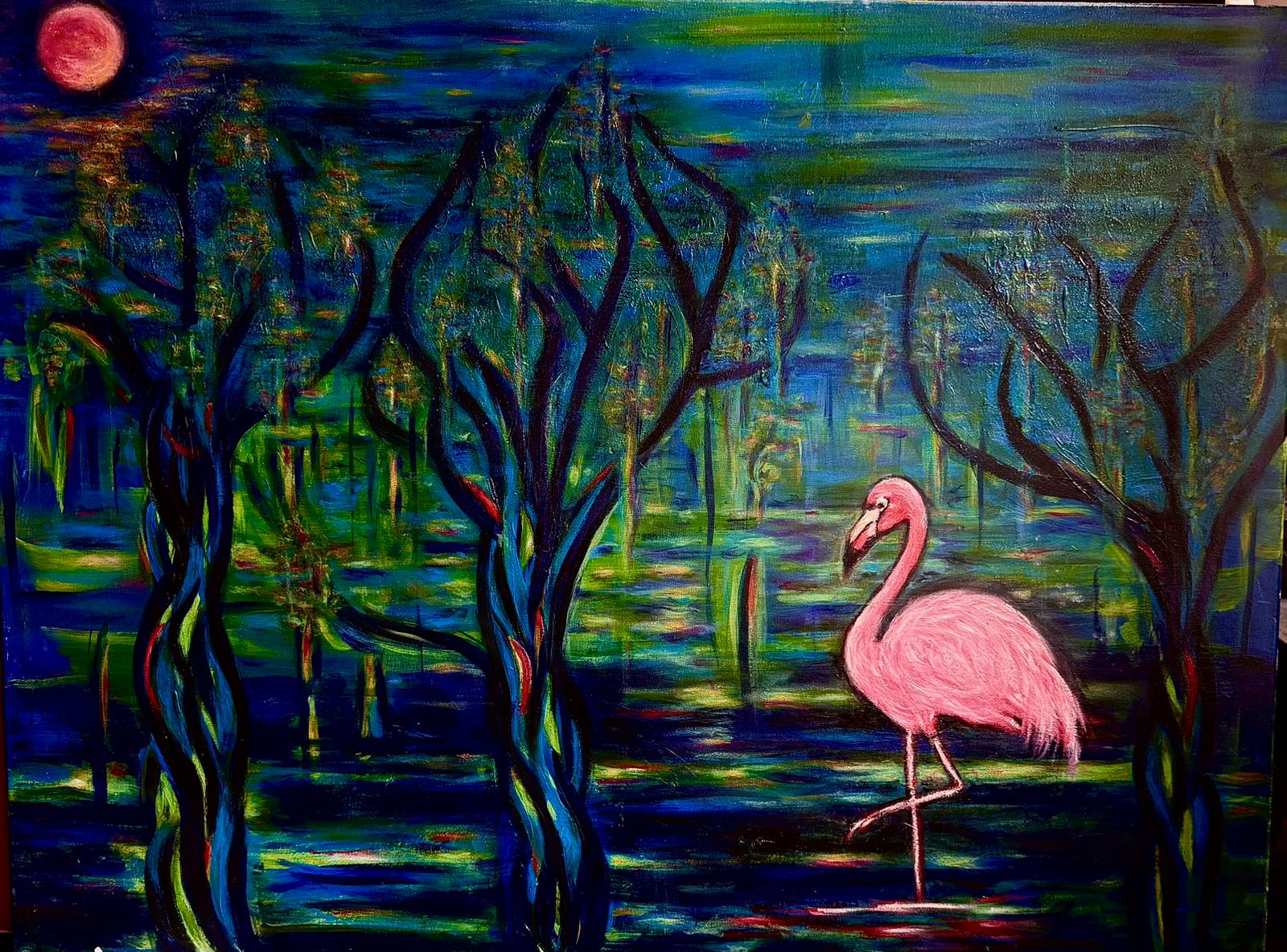 Moonlit Flamingo Forest Art · 60 × 80 cm · Oil on canvas