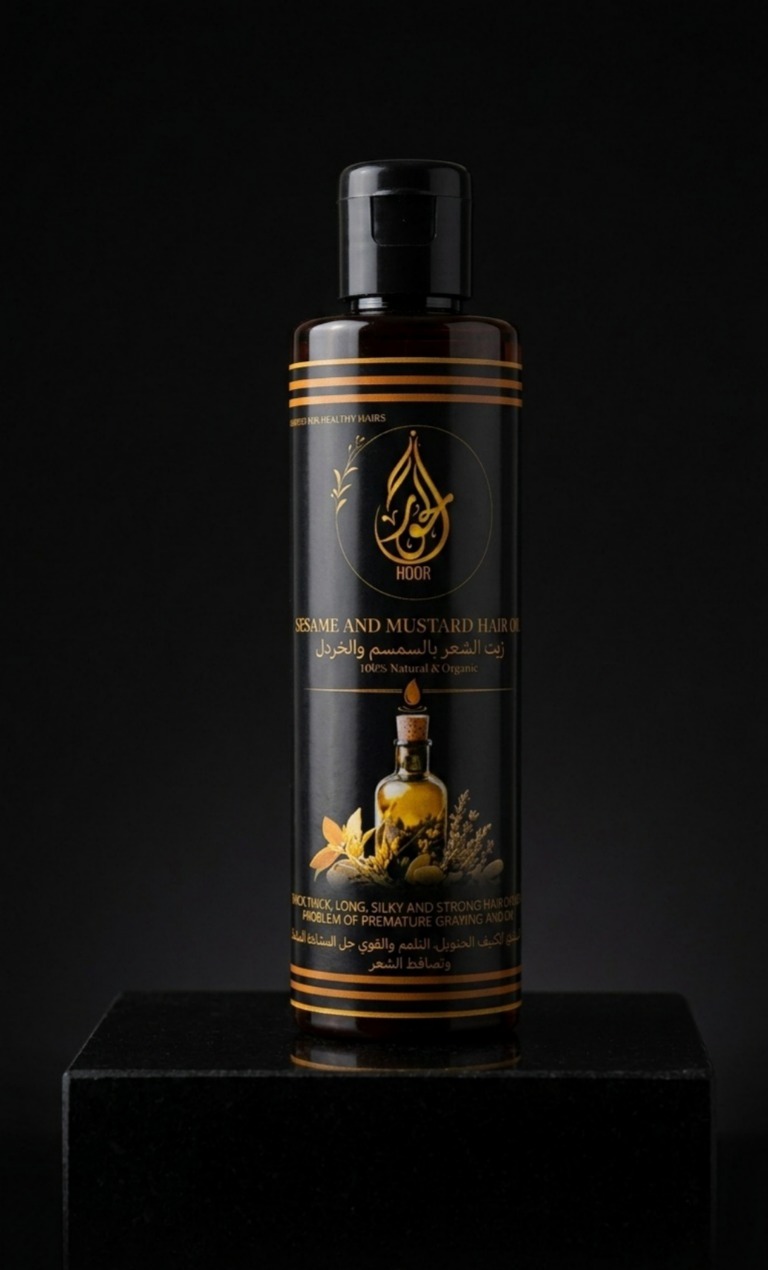 Hair Oil for healthy, and black hair. Best solution for greying hair. From Hoor Organics. 