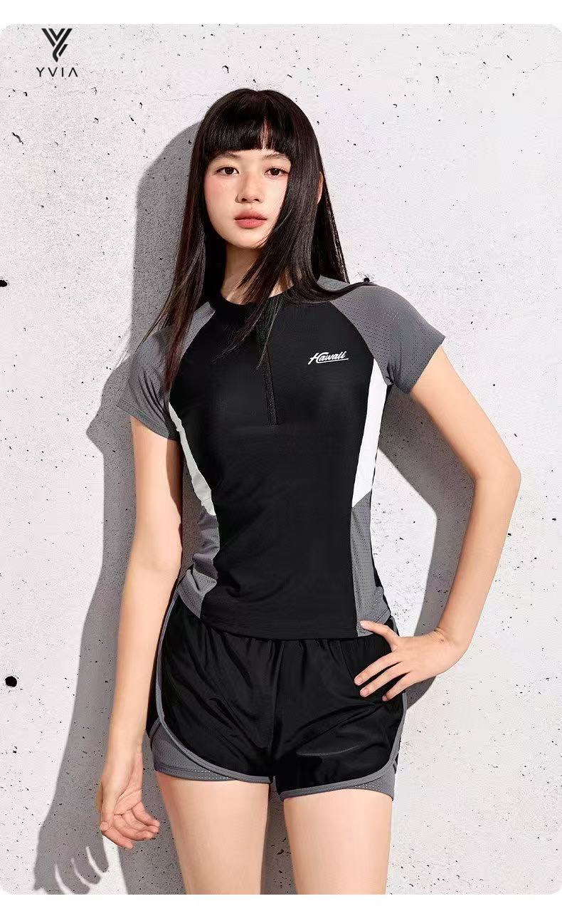 YUKE Bộ đồ bơi áo có dây kéo với tay ngắn có lỗ thông khí và quần ngắn DB25