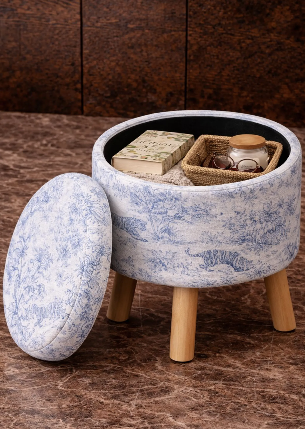 Blue Patterned Storage Ottoman