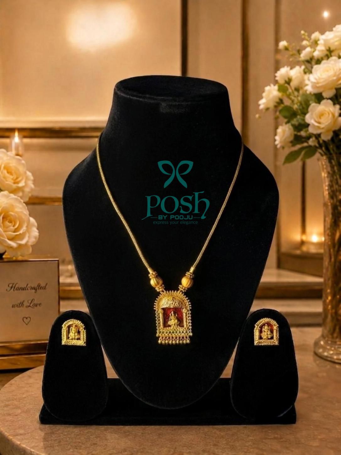 temple-inspired pendant paired with matching studs