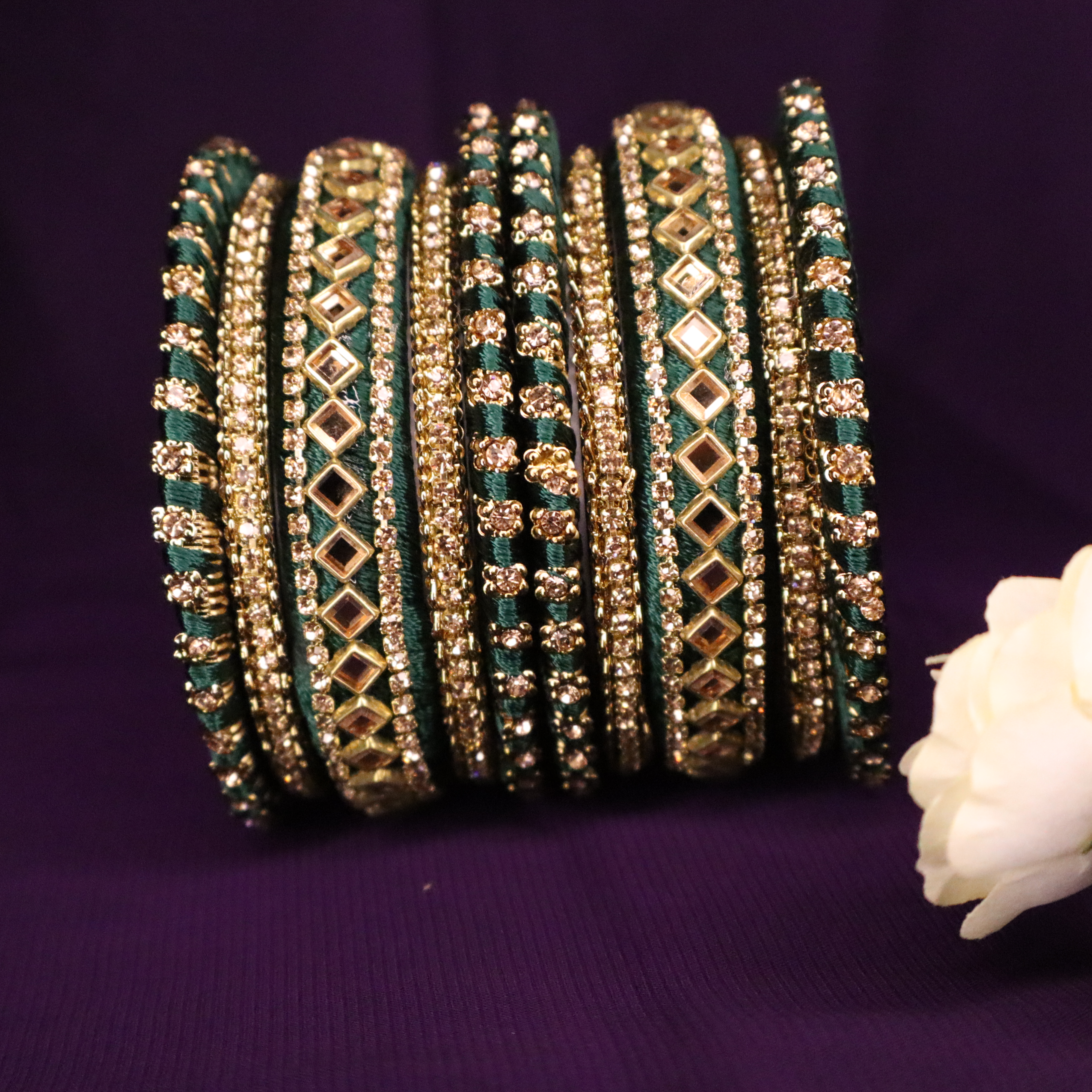 Designer silk threaded Bangles in Bottle green colour