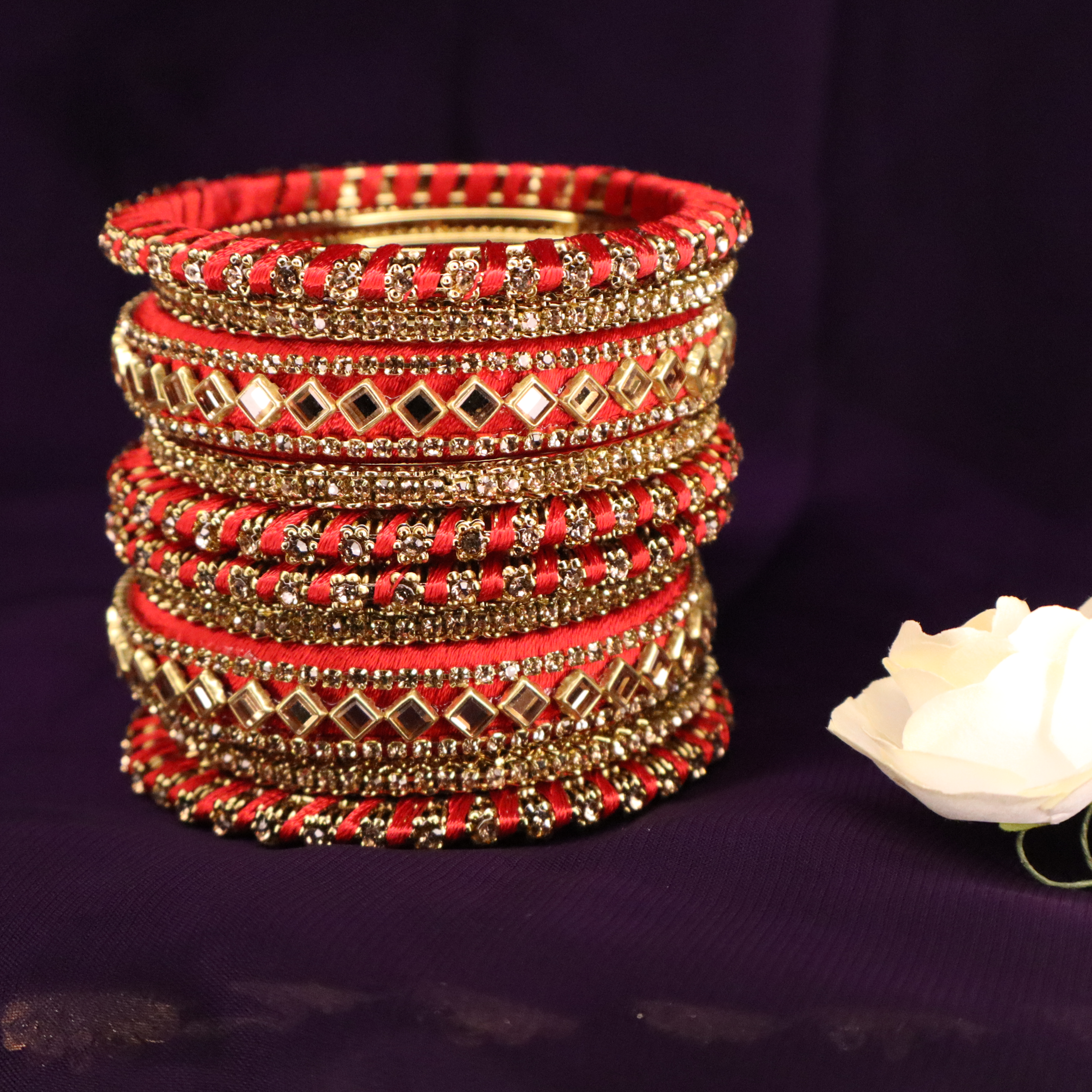 Red - Designer silk threaded bangles