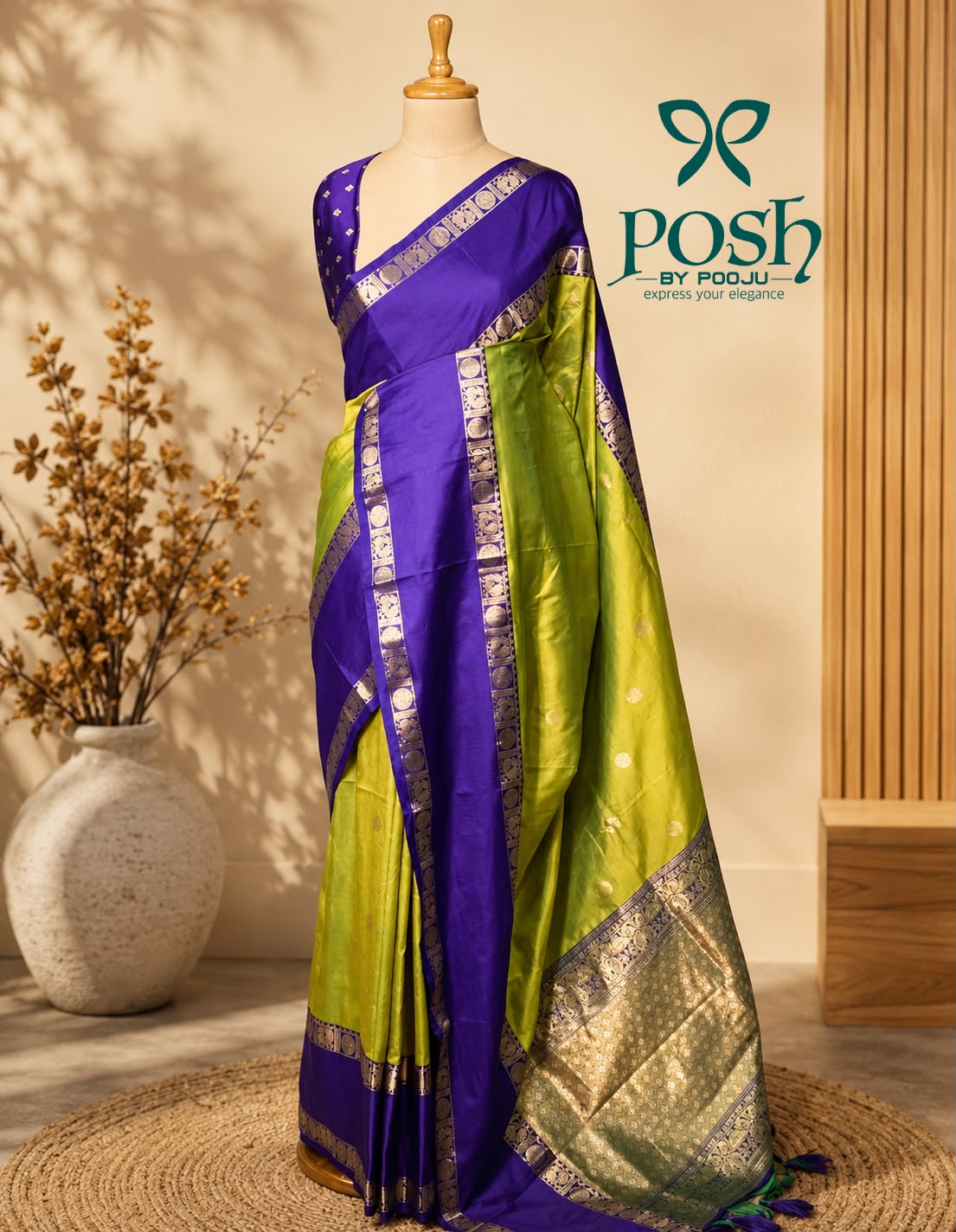 Parrot green & Blue Banarasi Saree