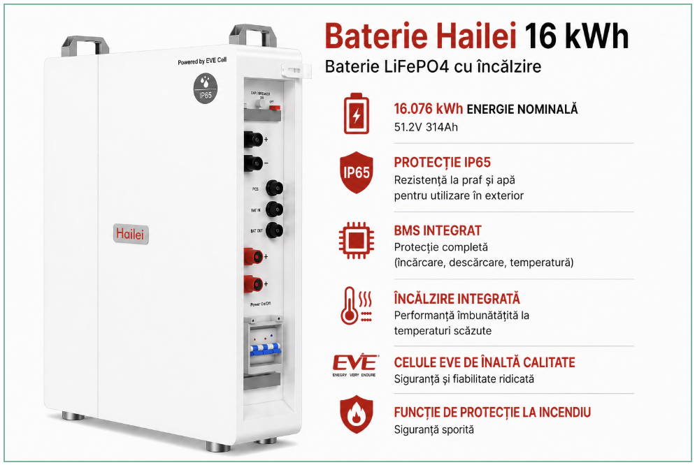 Hailei 16 kWh Battery LV - Baterie de exterior Hailei 16 kWh Low Voltage cu încălzire, celule EVE, IP65, LiFePO4