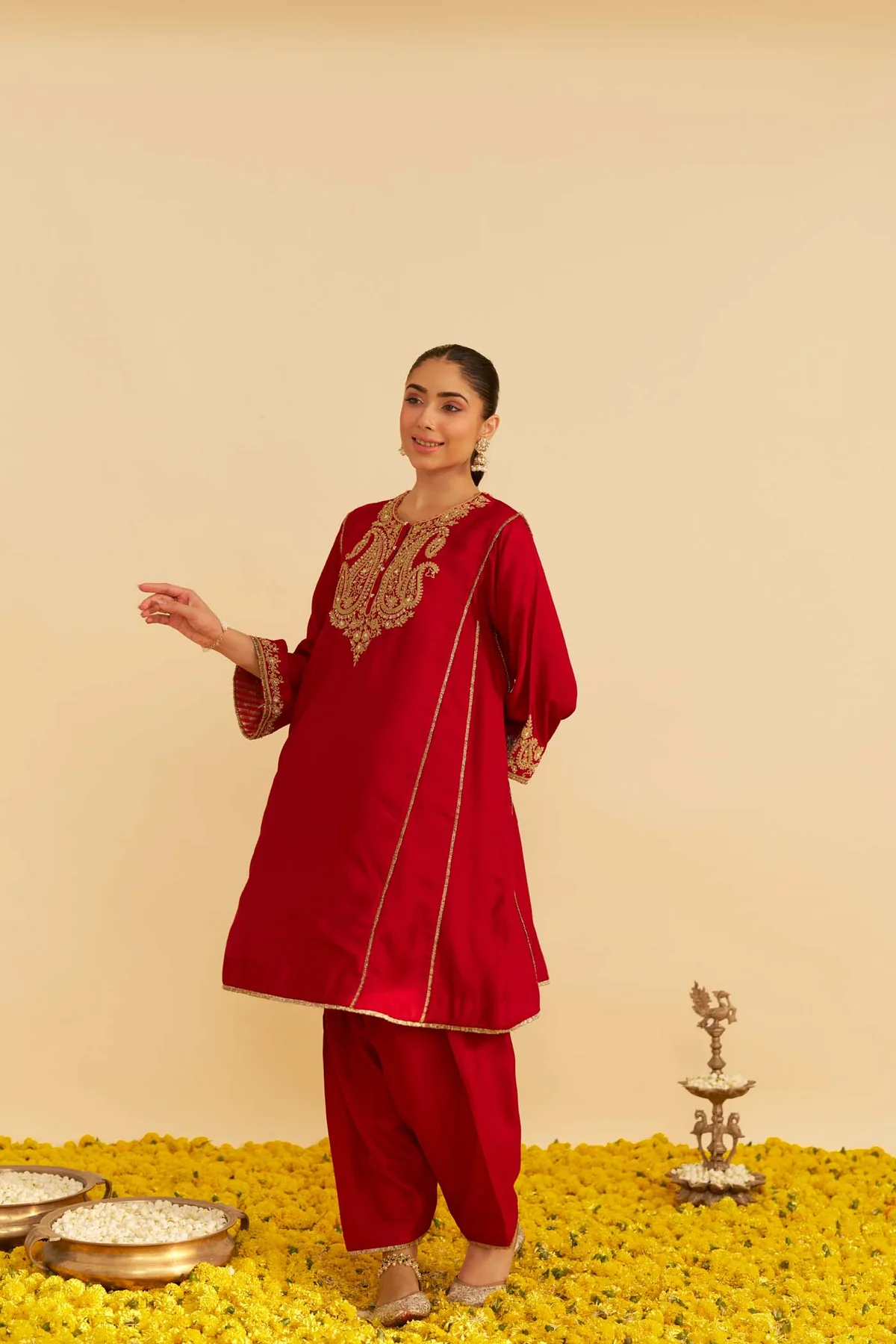 Deep Red Short Chauga With Salwar