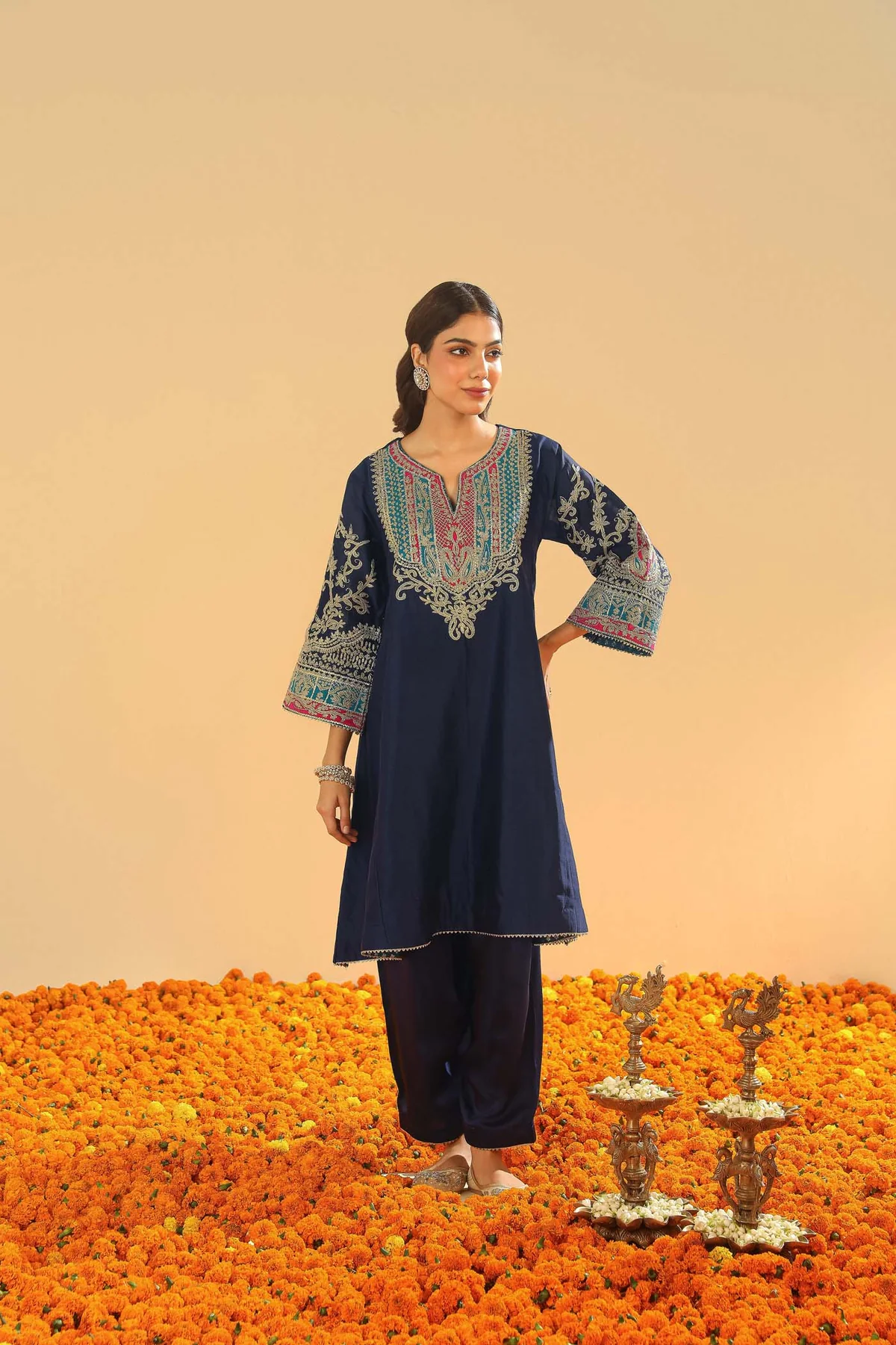 Dark Blue Short Kalidaar Chauga With Salwar