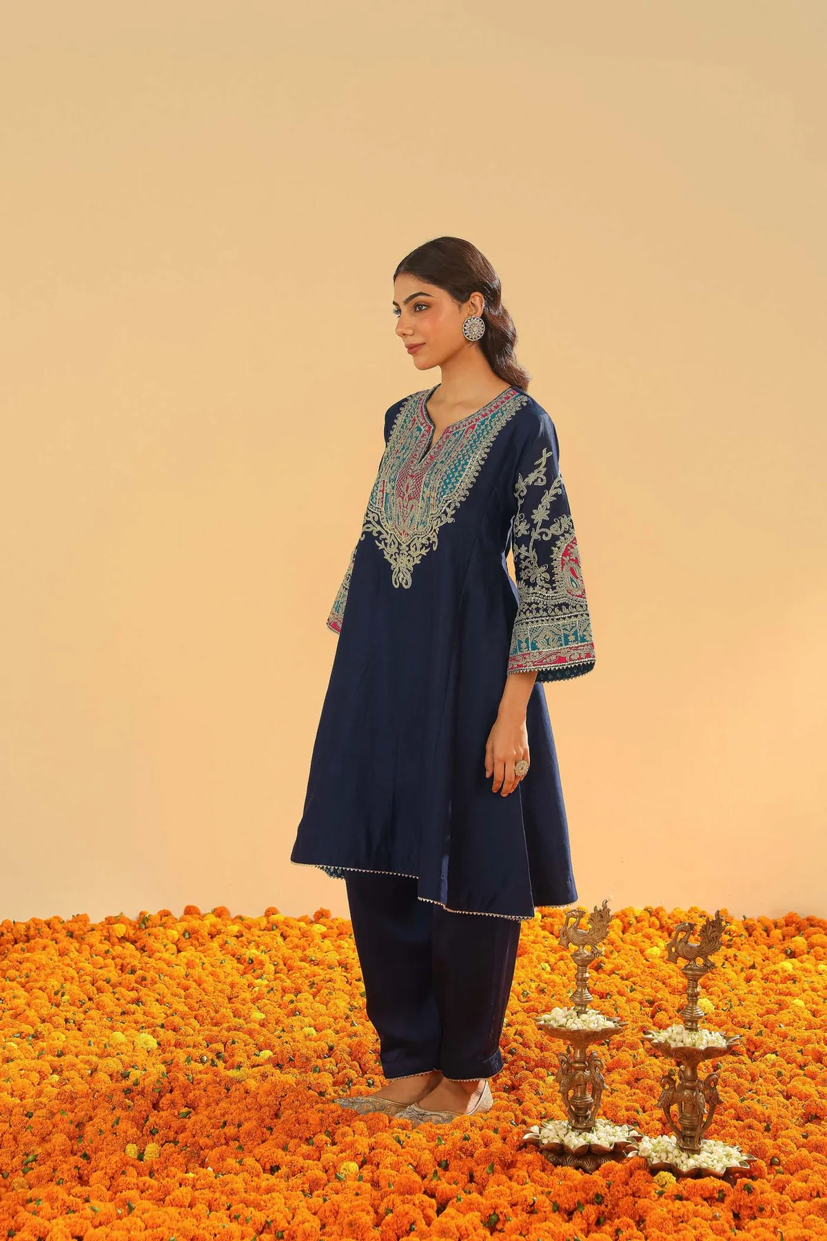 Dark Blue Short Kalidaar Chauga With Salwar