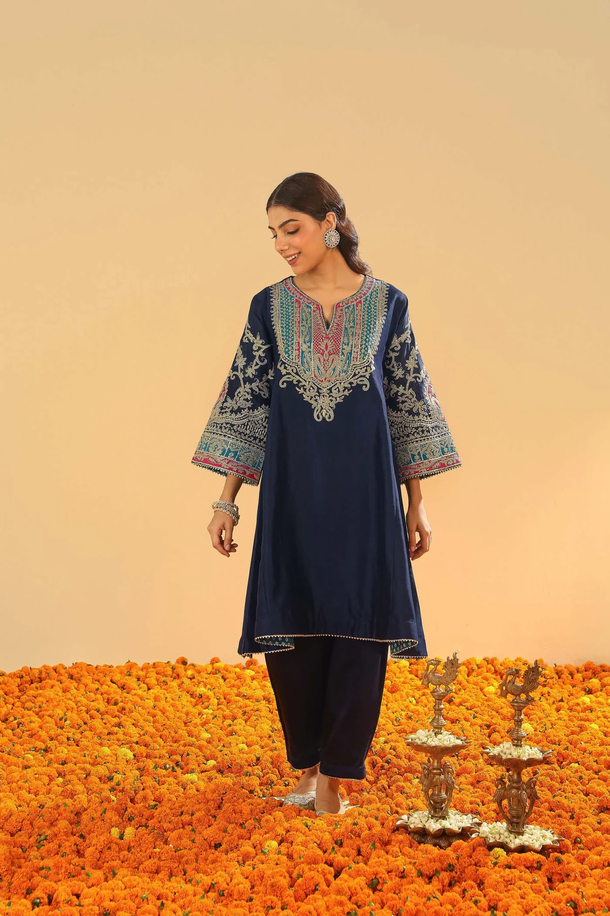 Dark Blue Short Kalidaar Chauga With Salwar