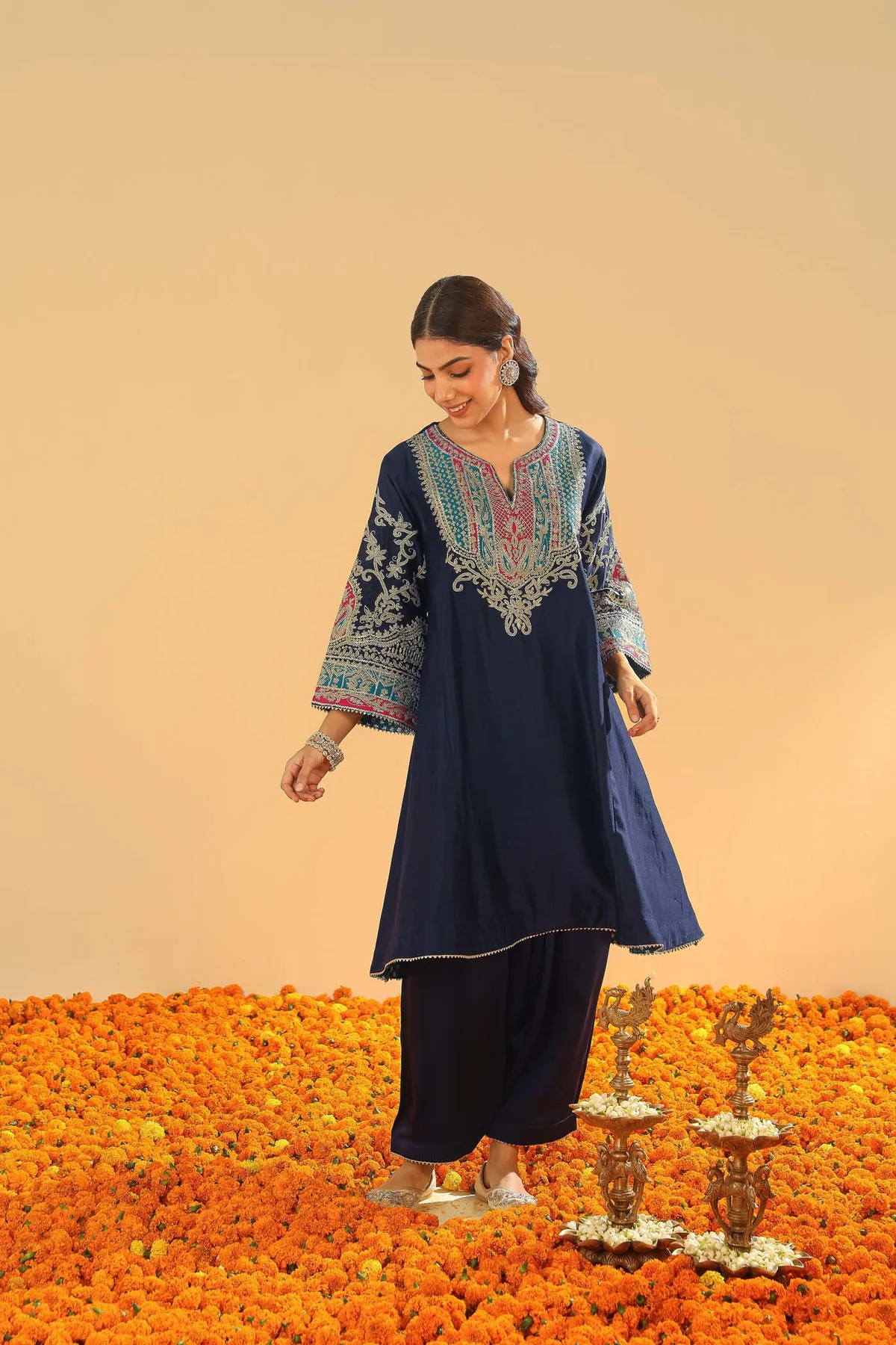 Dark Blue Short Kalidaar Chauga With Salwar