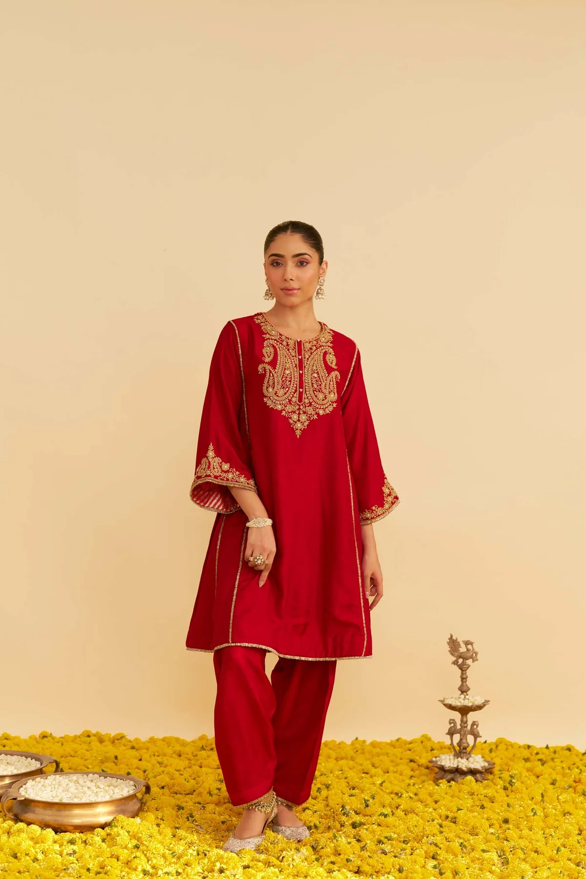 Deep Red Short Chauga With Salwar