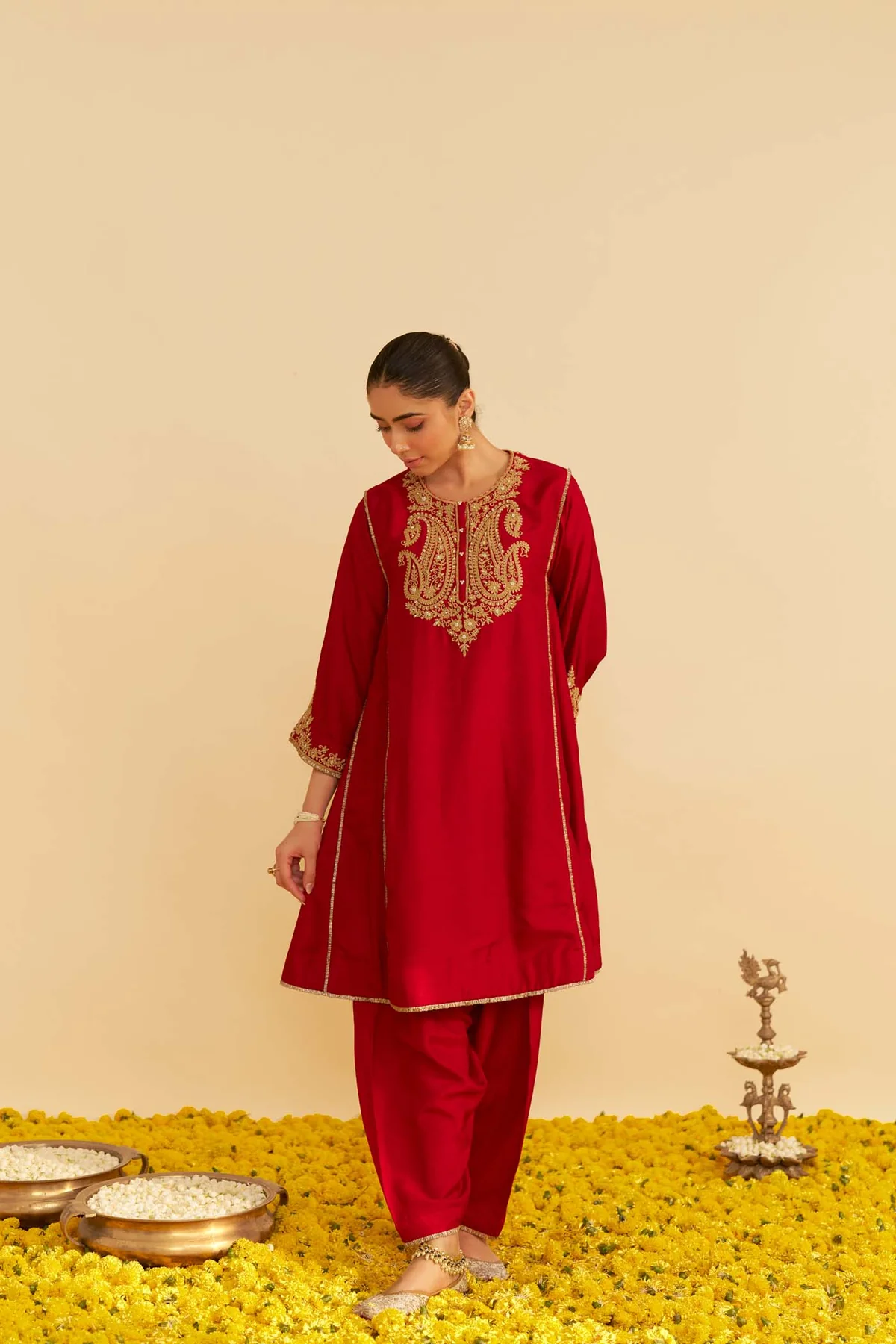 Deep Red Short Chauga With Salwar