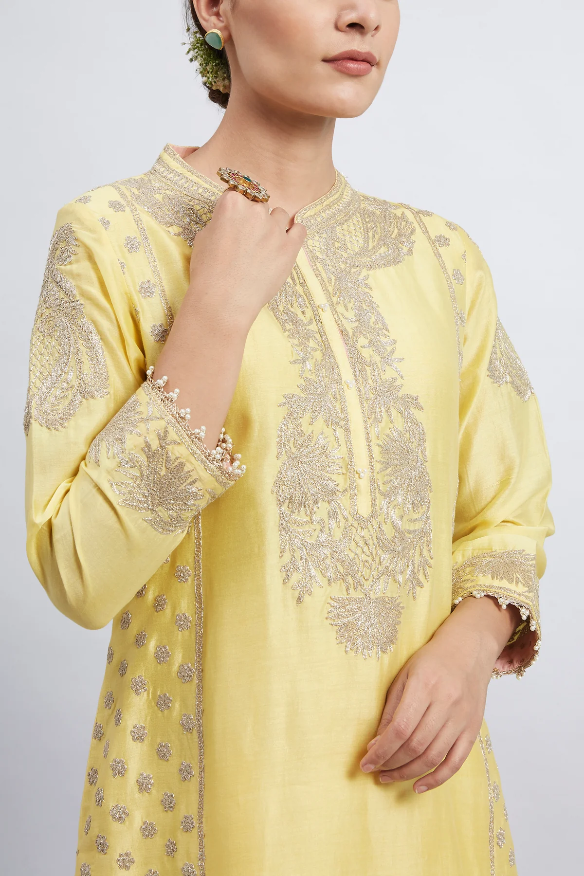 Daffodil Yellow Pearl Embroidered Kurta Set