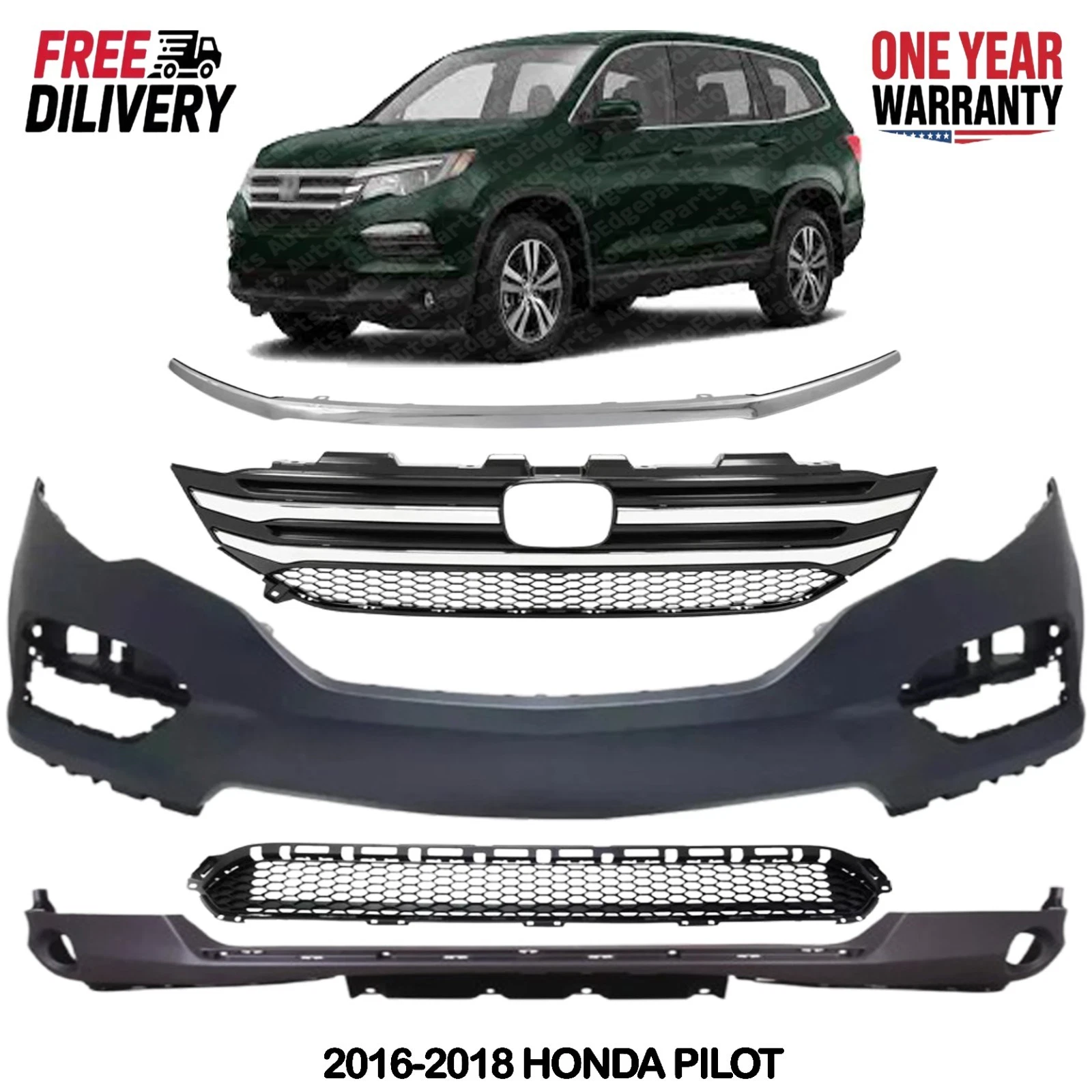 AutoEdgeParts - Front Bumper Cover Fascia & Grille Assembly For 2016-2018 Honda Pilot