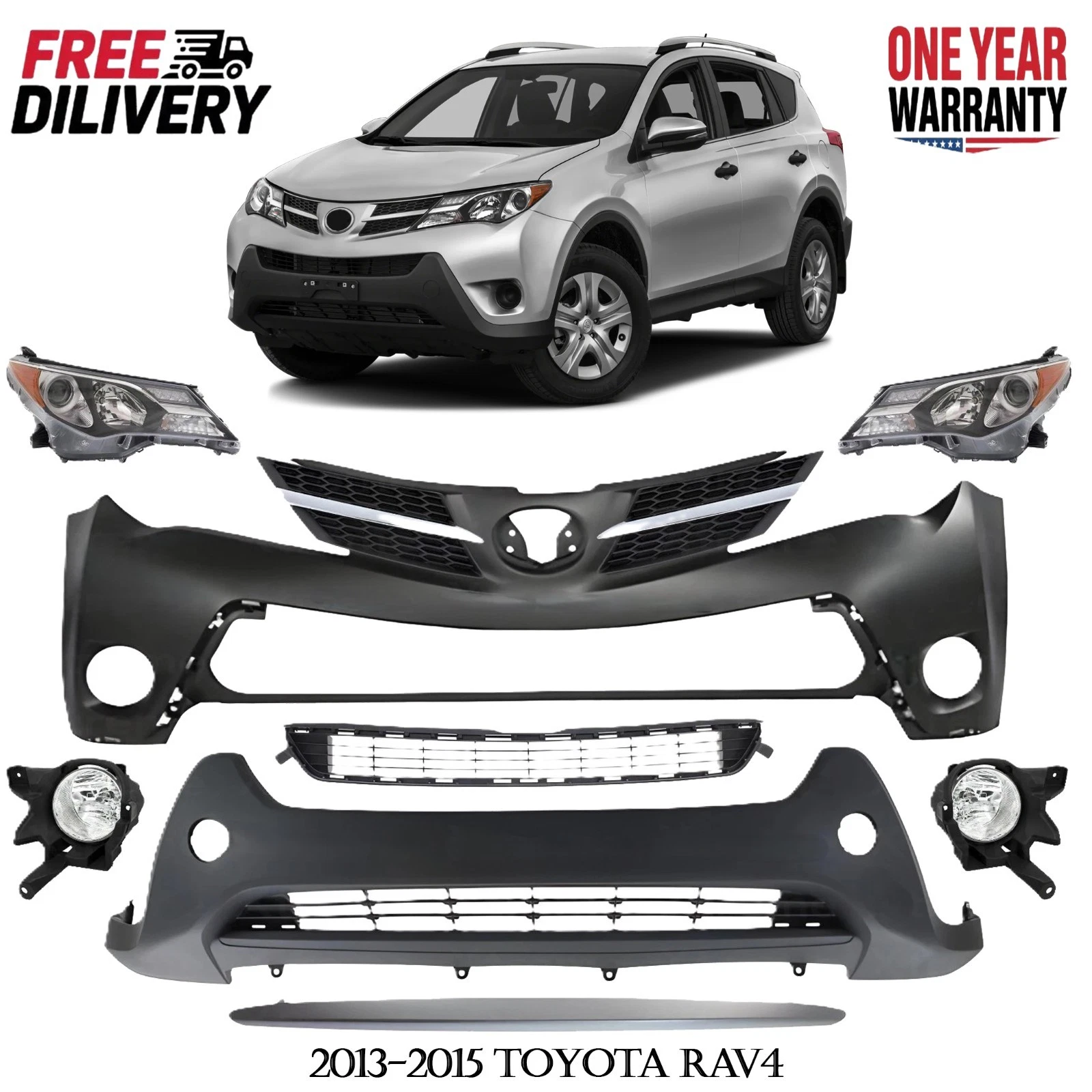 AutoEdgeParts - Front Bumper Cover Primed Plastic & Headlights Kit For 2013-2015 Toyota RAV4