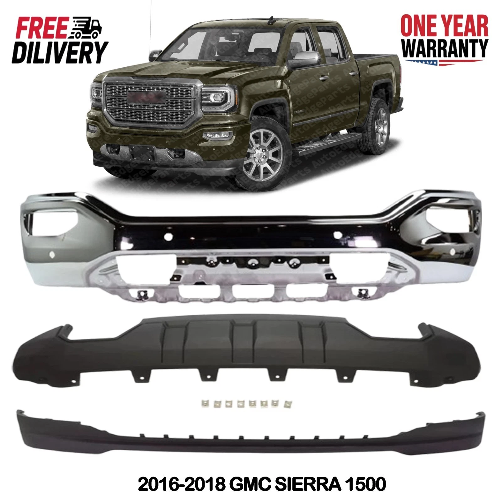 AutoEdgeParts - Front Bumper Chrome Steel & Valance Textured Kit For 2016-2018 GMC Sierra 1500