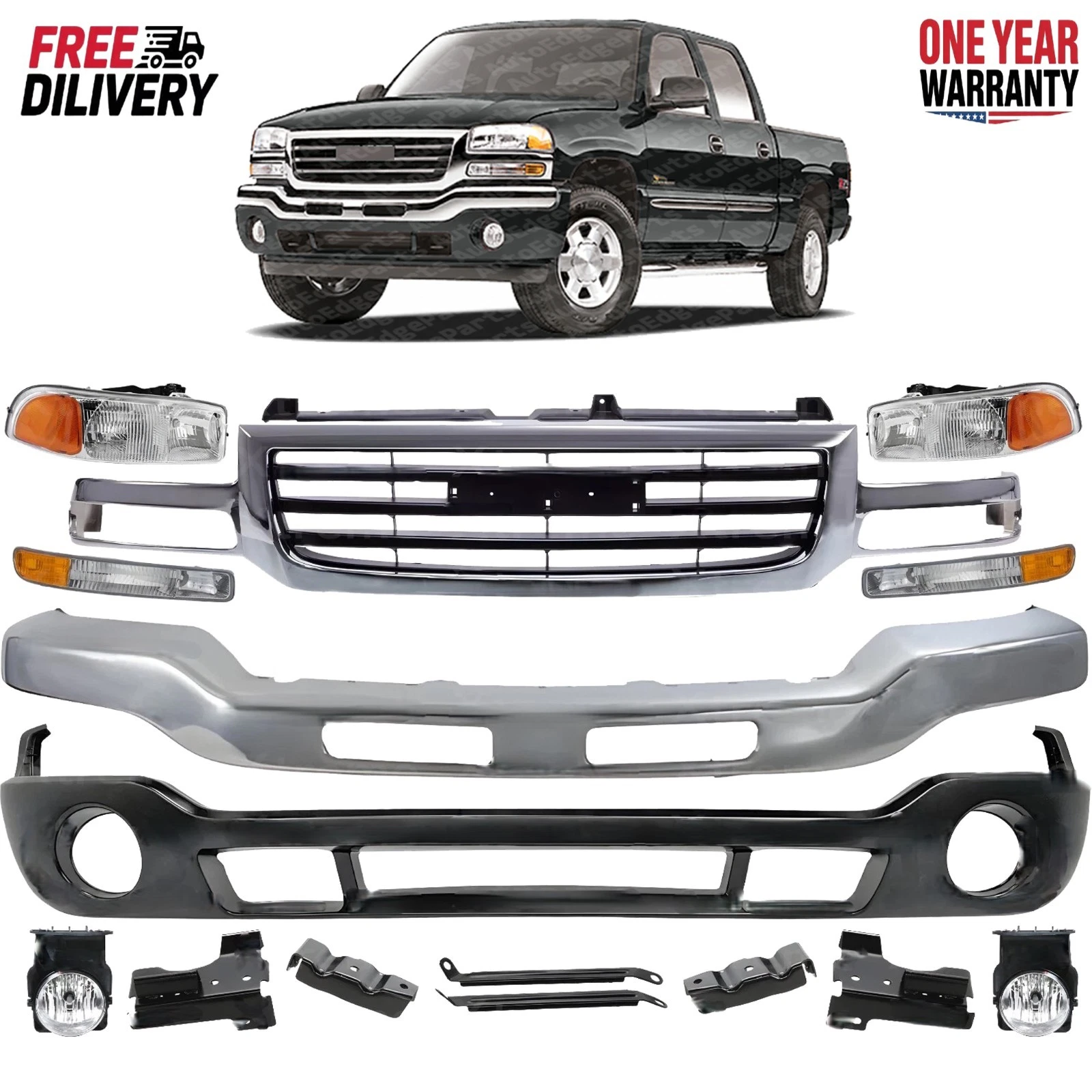 AutoEdgeParts - Front Bumper Chrome & Headlights Kit For 2003-2007 GMC Sierra 1500 2500 HD 3500