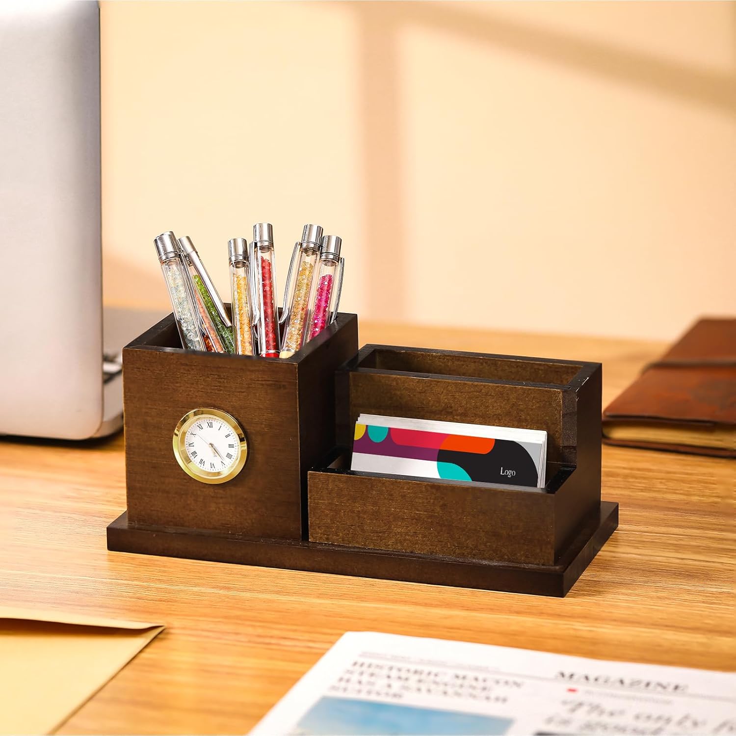 Wooden Desk Organizer with Clock