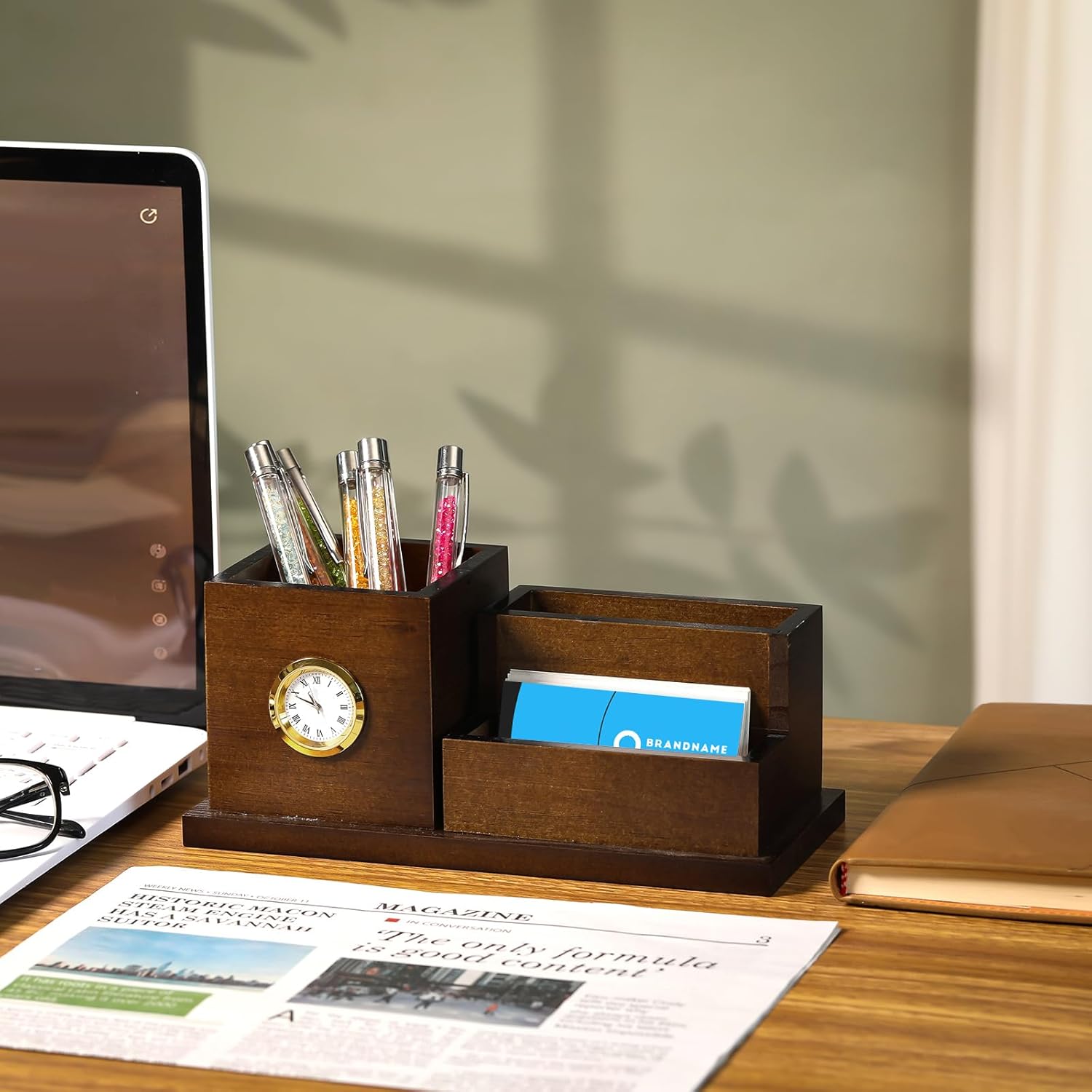 Wooden Desk Organizer with Clock