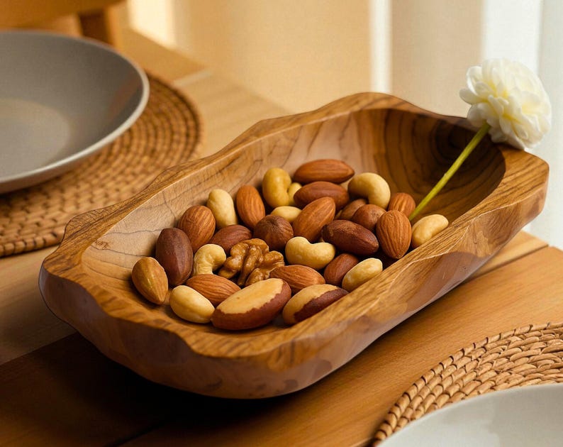 Handmade Teak Root Bowl, Rustic Wave Edge Wooden Centerpiece