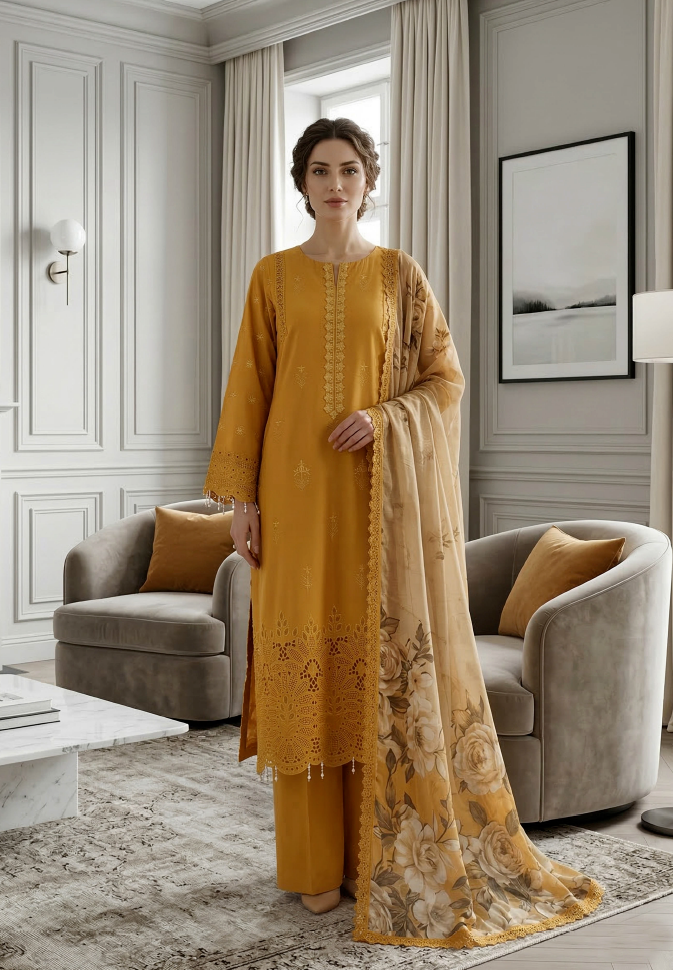 Saffron Radiance - Qalamkari 3PC Luxury Kari Lawn