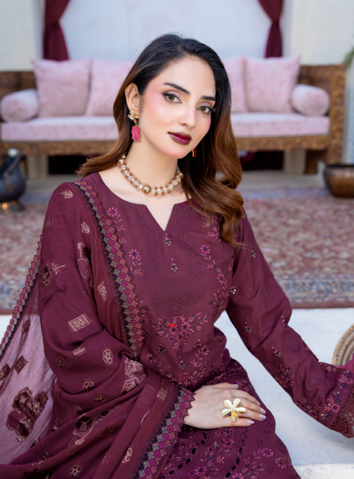 Narkin – Dark Maroon Wine | Fancy Lawn Embroidered