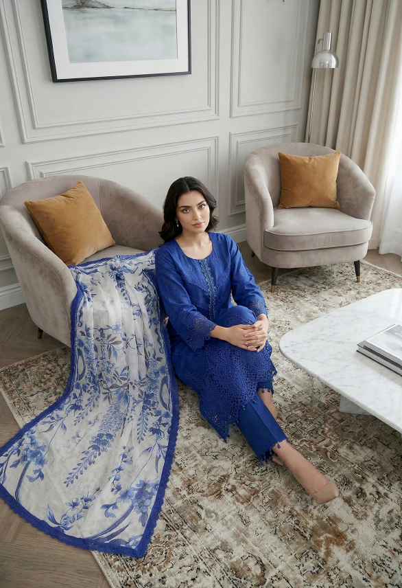 Royal Indigo - Qalamkari 3PC Luxury Kari Lawn