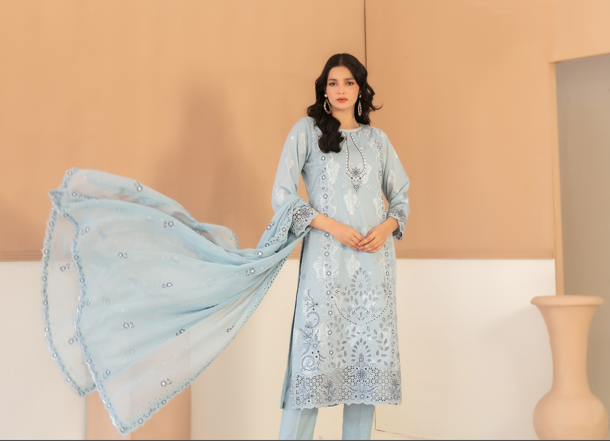 Azure Blossom - Zaylee 3PC Embroidered Lawn