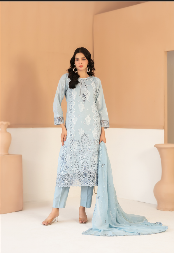 Azure Blossom - Zaylee 3PC Embroidered Lawn