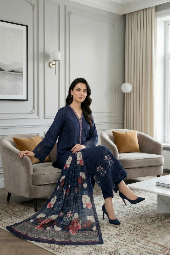 Midnight Voyage - Qalamkari 3PC Luxury Kari Lawn