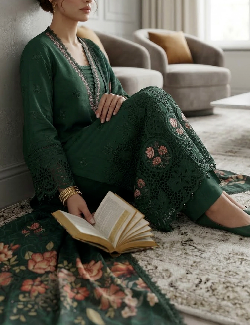 Emerald Luxe - Qalamkari 3PC Luxury Kari Lawn