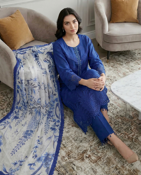 Royal Indigo - Qalamkari 3PC Luxury Kari Lawn